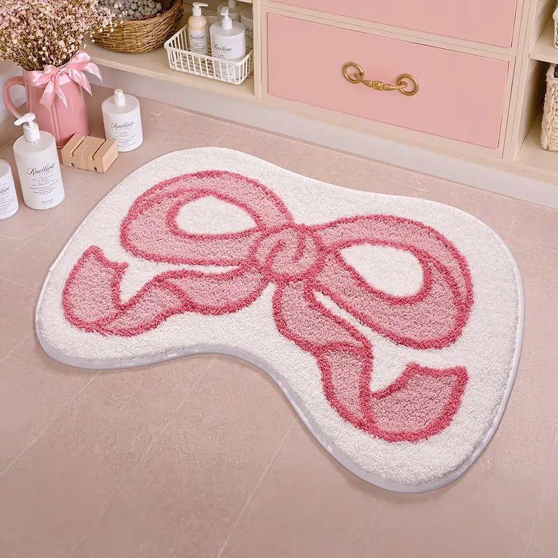 Pink Bow Bath Rug – Fluffy Tufted Mat with Non Slip Backing –