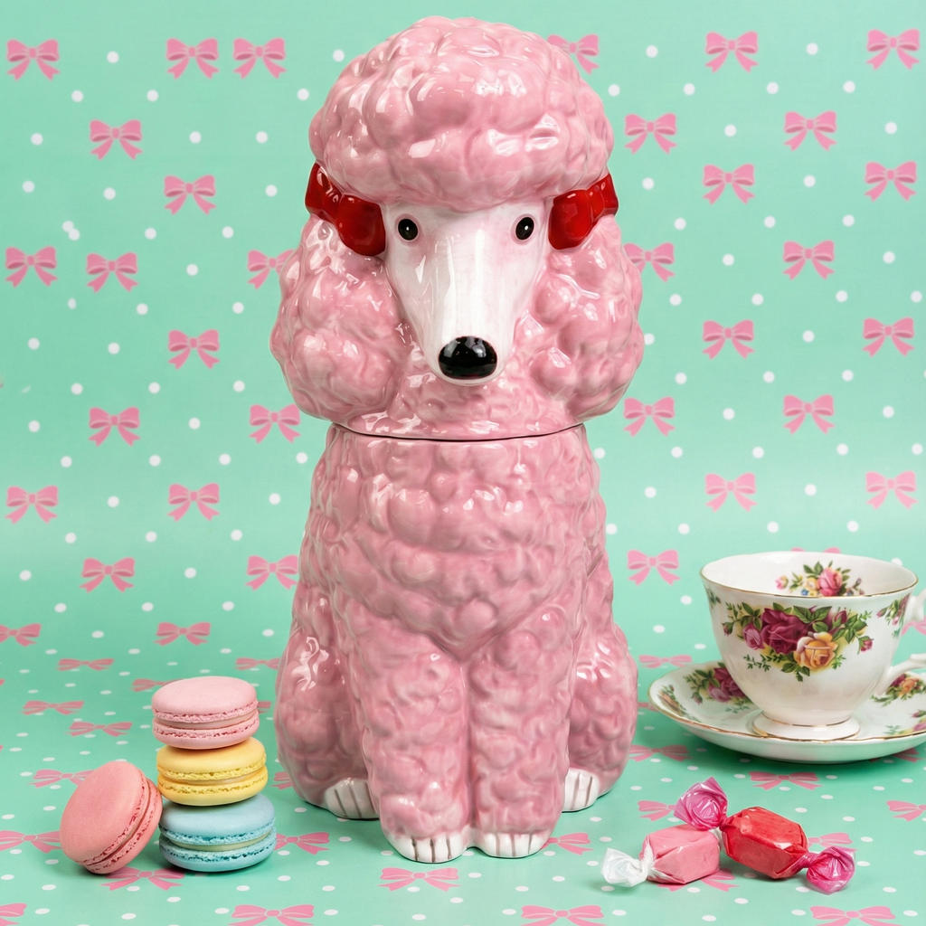 Pink poodle-shaped cookie jar on a polka dot background with a teacup and cookies.