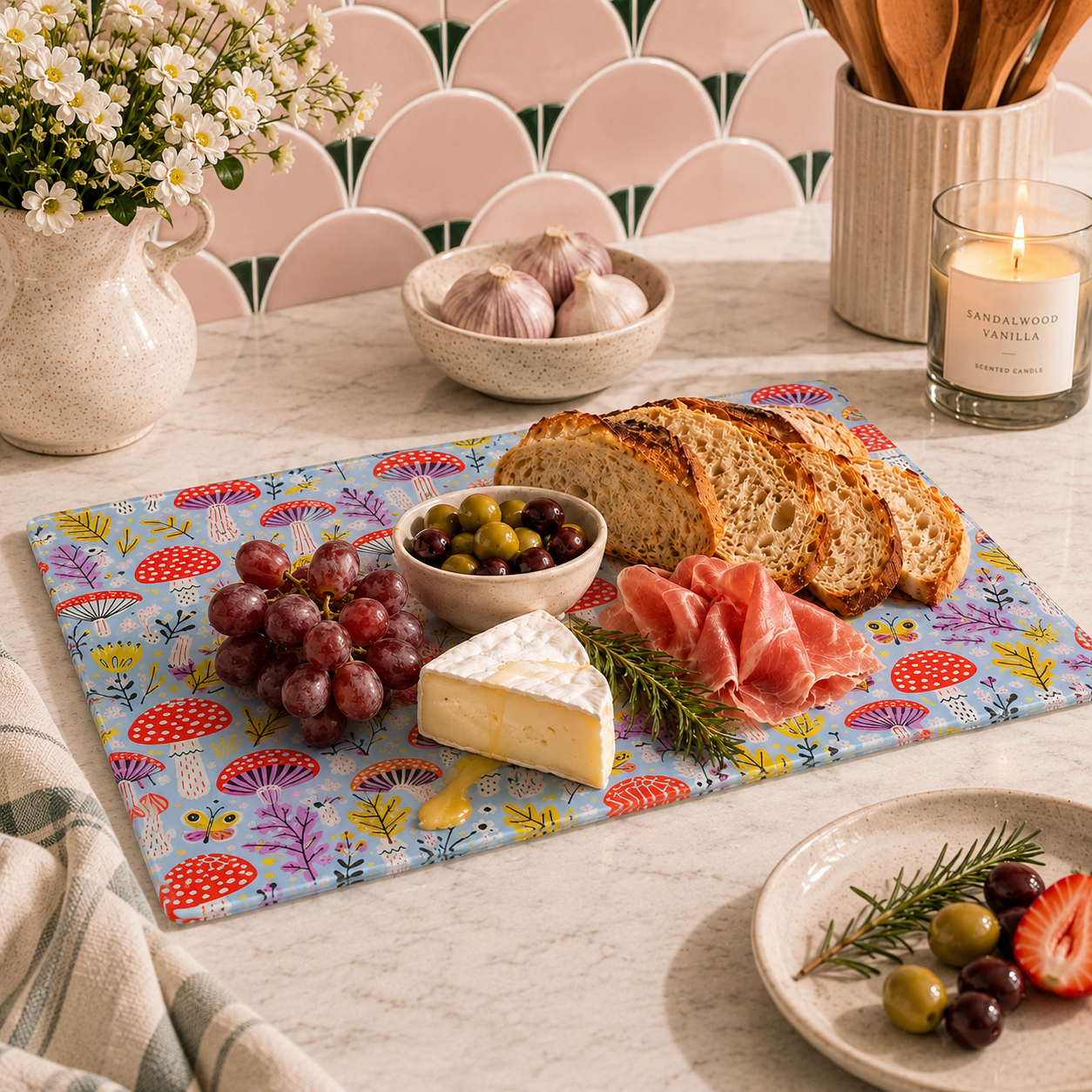 Mushroom design glass chopping board used as a charcuterie board with cheese and cured meats