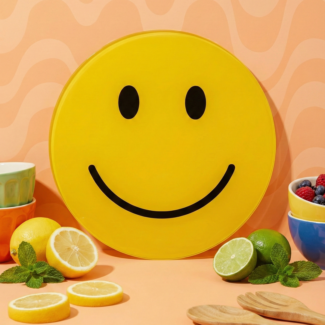 30cm Yellow Round Smiley Glass Chopping Board table centrepiece surrounded by lemons and limes.