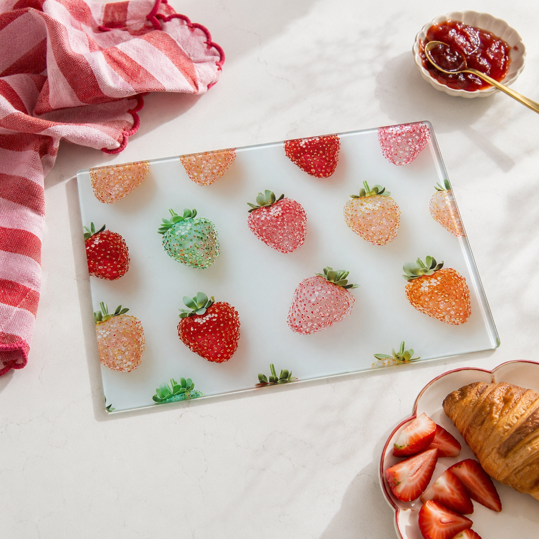 A rectangular glass chopping board by yililo of printed with colourful glitter coated strawberries, styled on a white marble surface with a red-and-white striped cloth, jam, and croissants nearby.