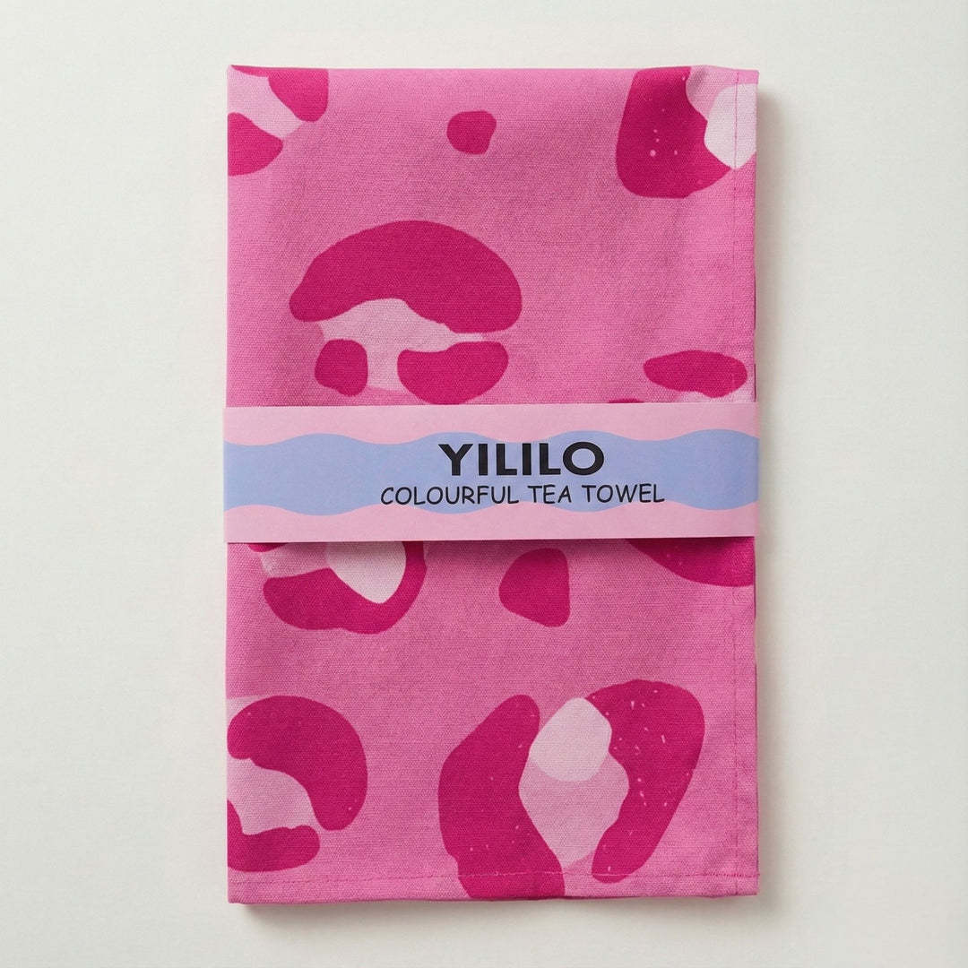 Bright Pink Leopard Print Cotton Tea Towel