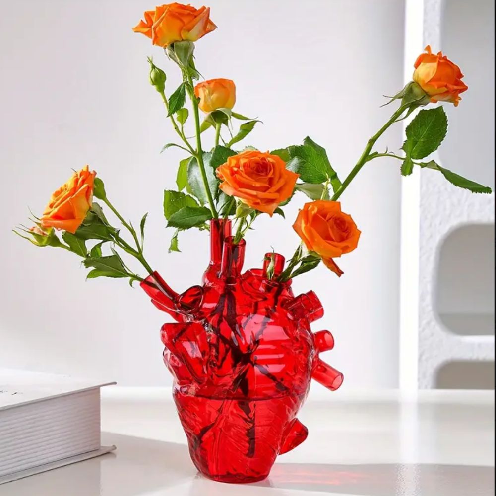 Heart Shape Clear Red Glass Flower Vase