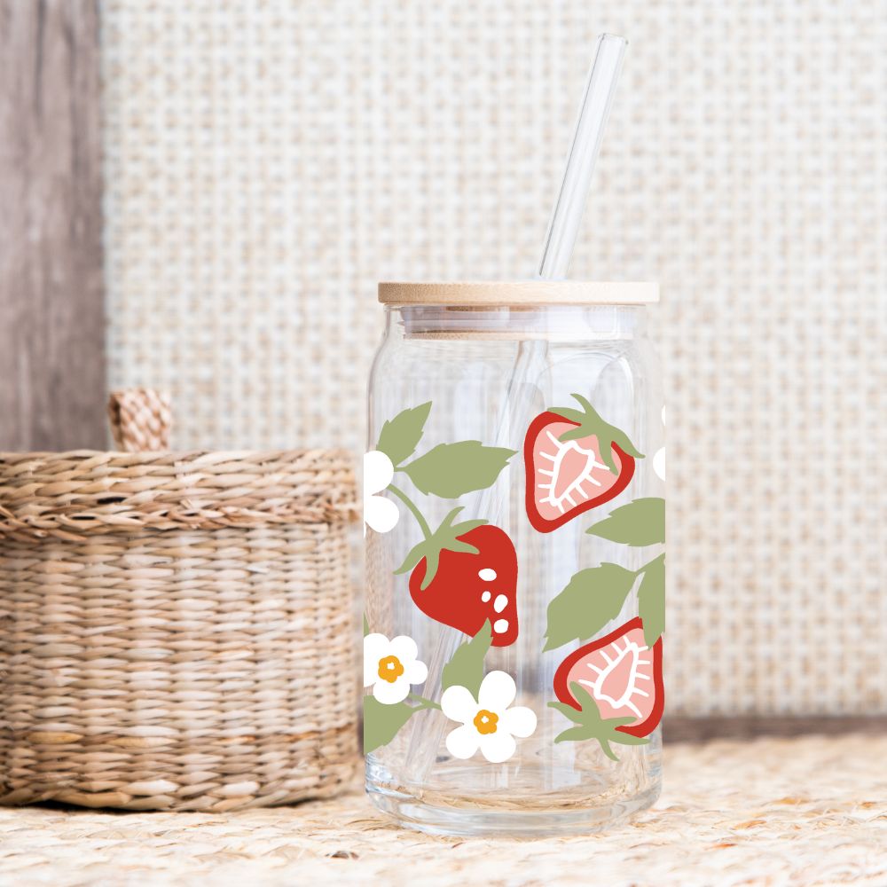 Strawberries And Flowers Glass Beer Can Bamboo Lid Straw 16oz