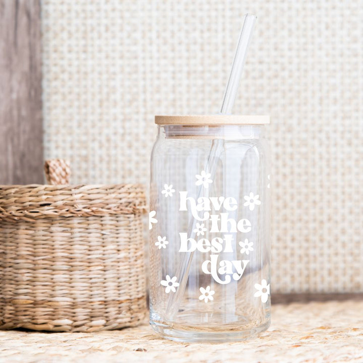 Have The Best Day Glass Beer Can Bamboo Lid Glass Straw 16oz