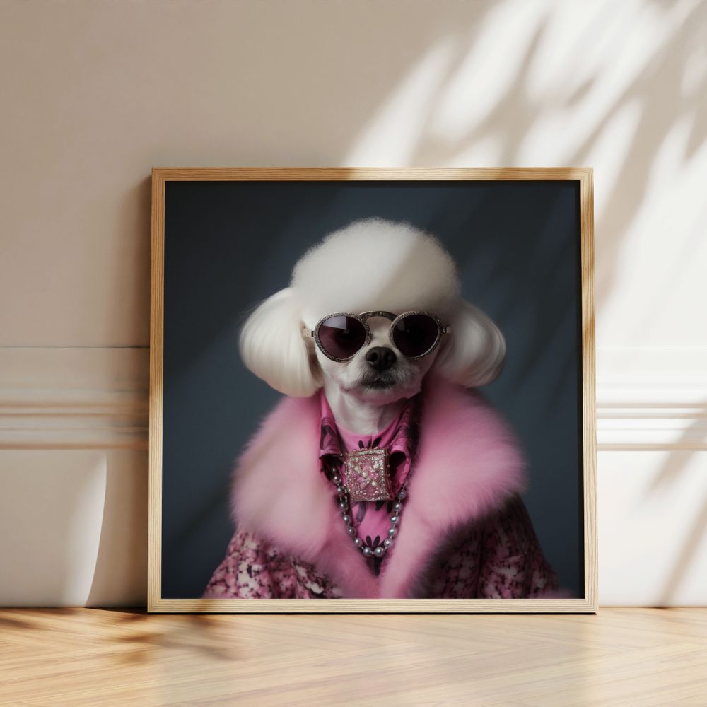 Fluffy Dog In Pink Coat Funny Wall Art Poster