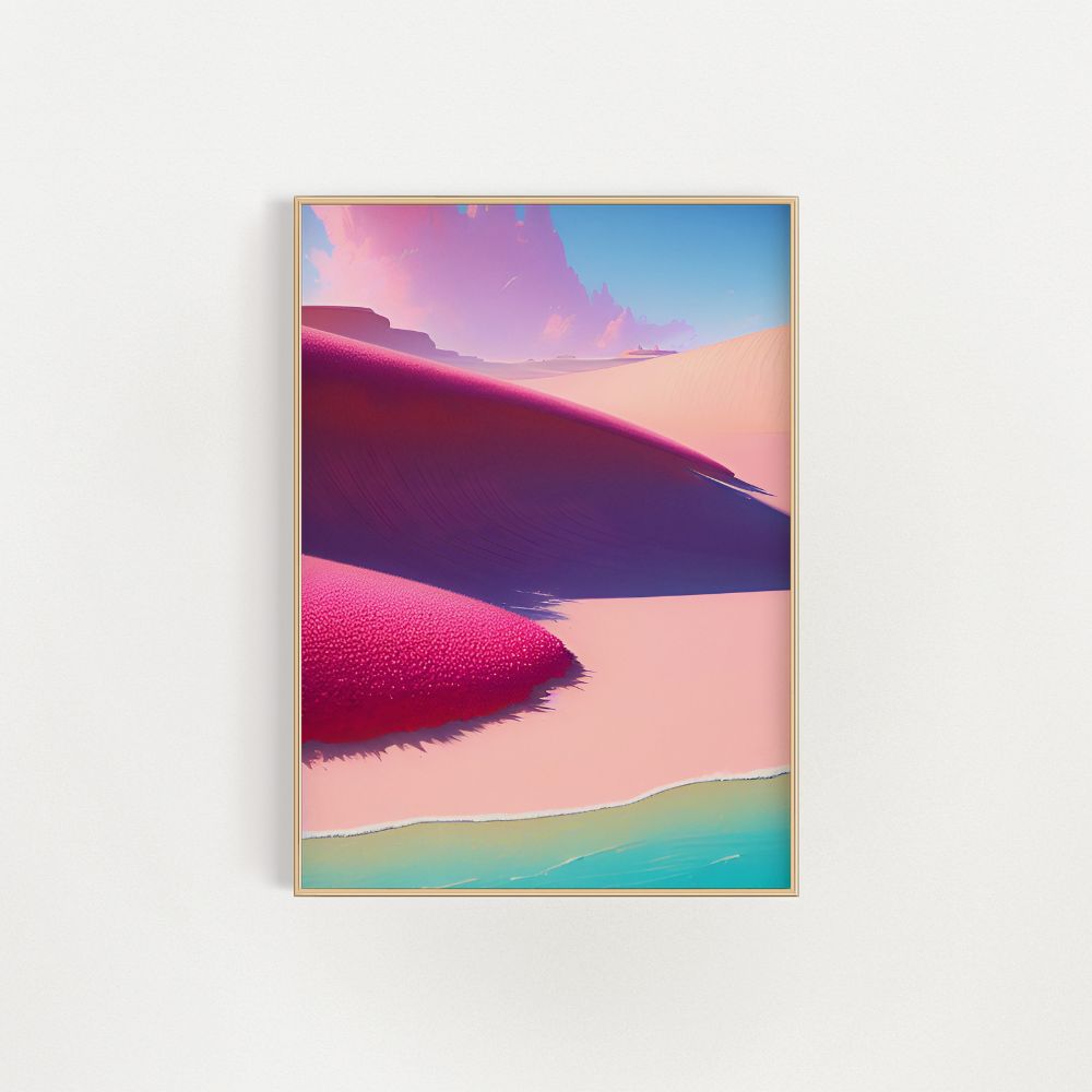 Das farbenfrohe Wandkunst-Poster „Coral Beach“ in Pastellrosa