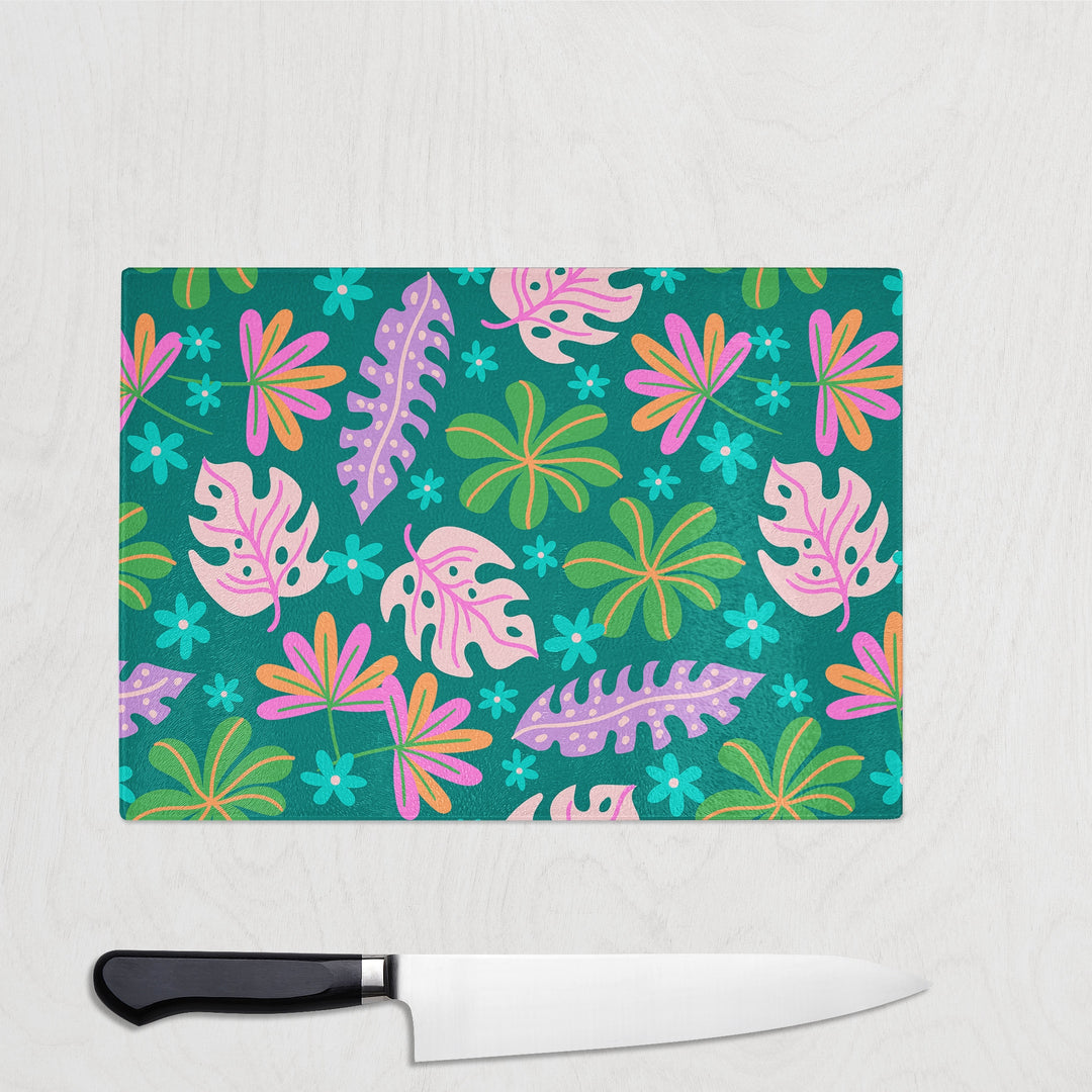 Colourful Tropic Print Glass Chopping Board