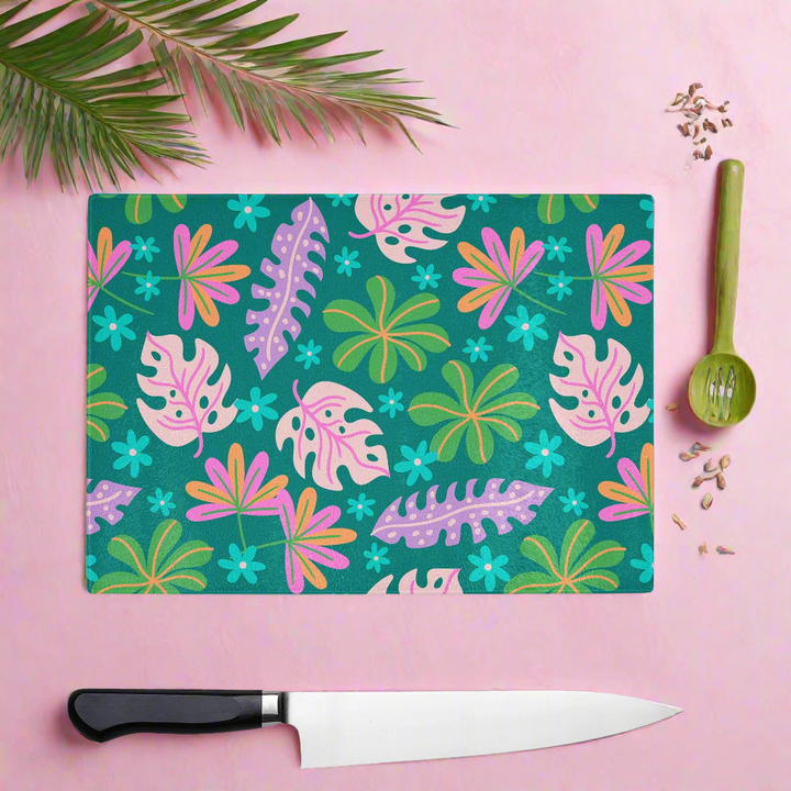 Colourful Tropic Print Glass Chopping Board