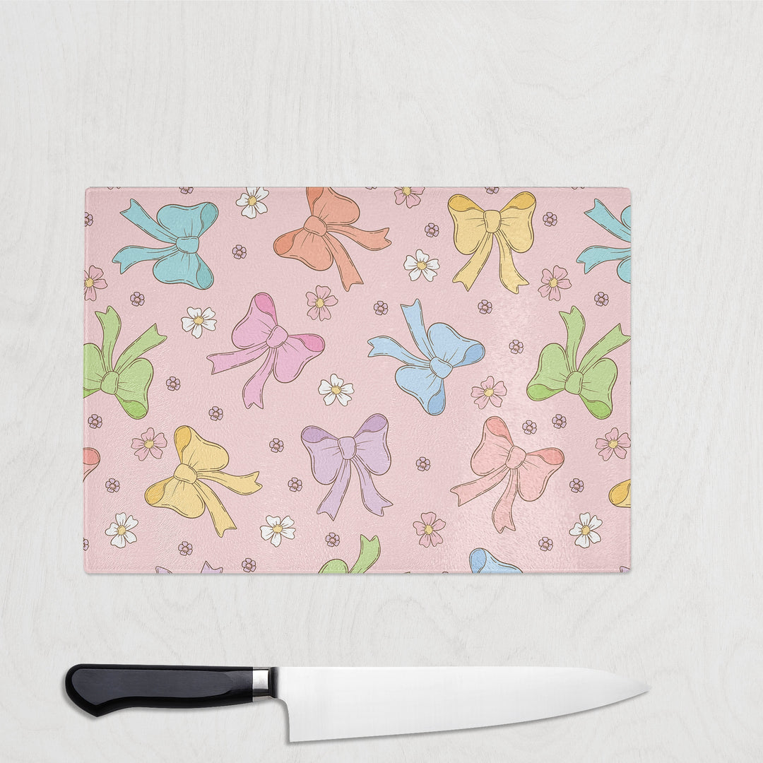 Pink Colourful Bow Coquette Glass Chopping Board