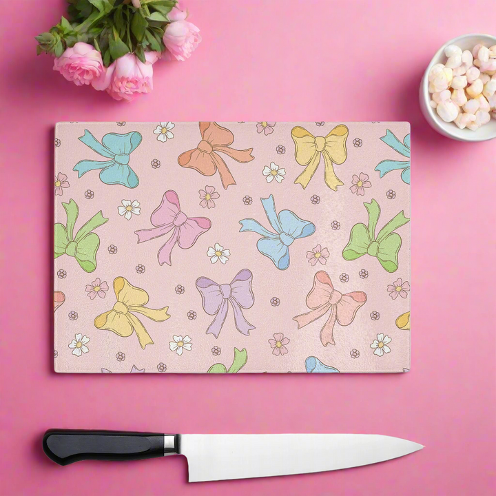 Pink Colourful Bow Coquette Glass Chopping Board