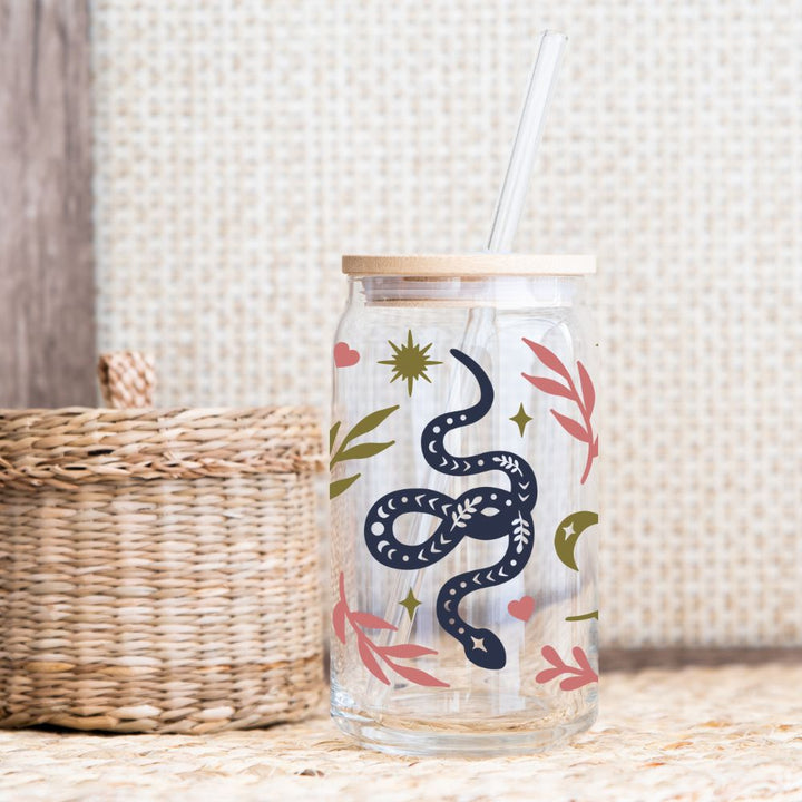 Mythic Snakes And Moon Glass Beer Can Bamboo Lid Straw 16oz