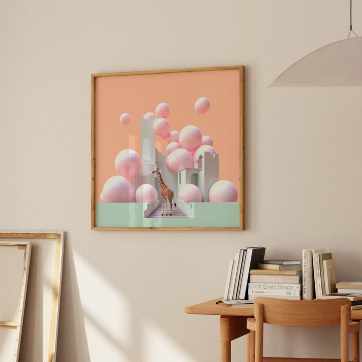 Pastel Giraffe Pink Balloons Wall Art Poster