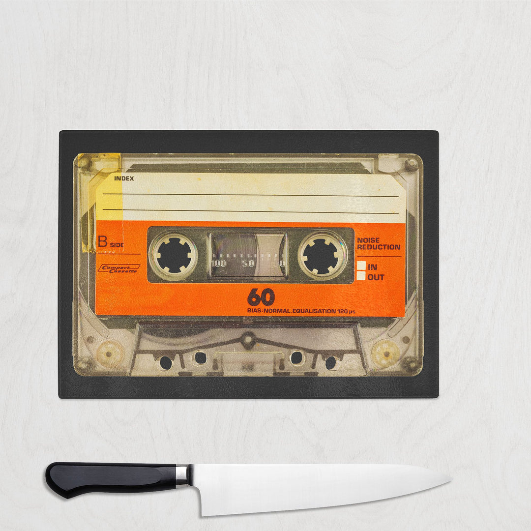 Personalised Orange Cassette Tape Glass Chopping Board