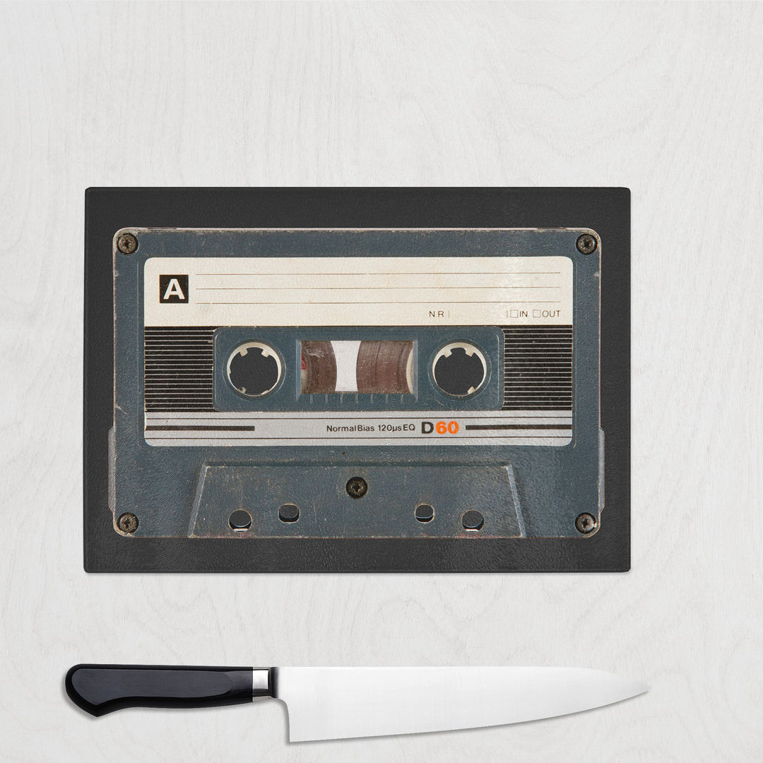 Personalised Black Cassette Tape Glass Chopping Board