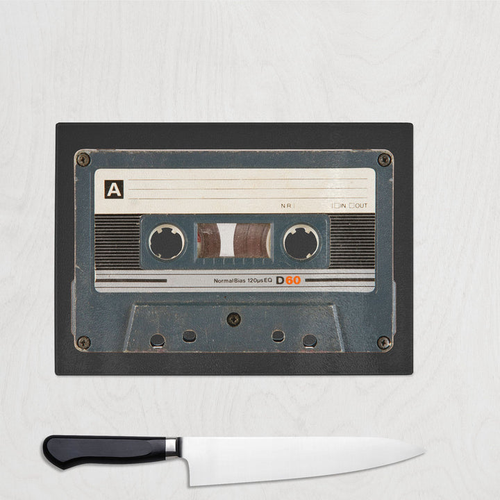 Personalised Black Cassette Tape Glass Chopping Board