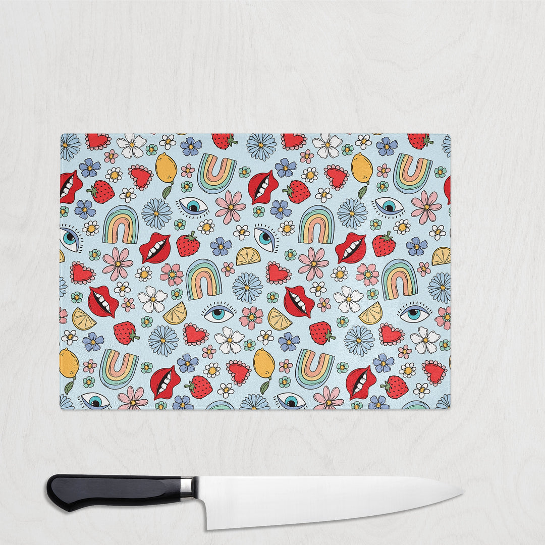 Blue Lips and Eyes Playful Glass Chopping Board