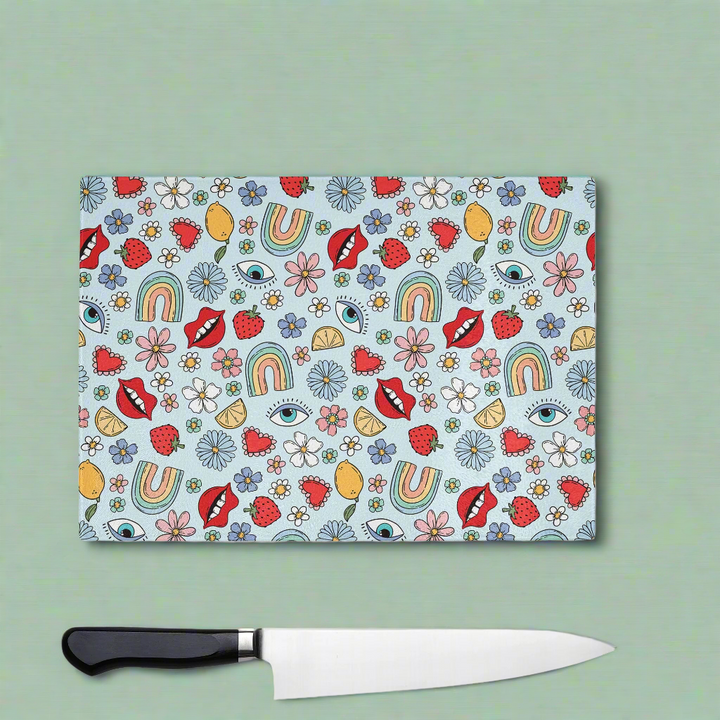 Blue Lips and Eyes Playful Glass Chopping Board