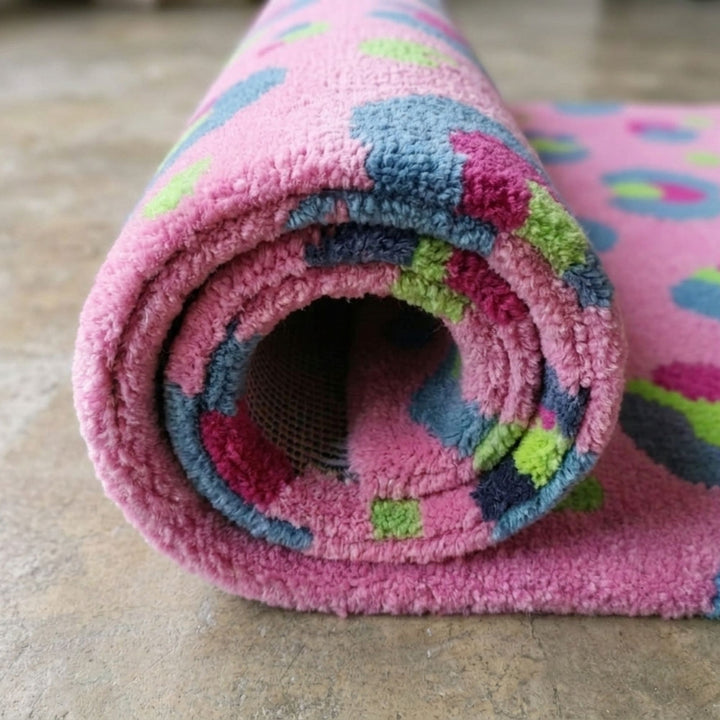 Soft Pink Blue Leopard Print Wool Rug Runner