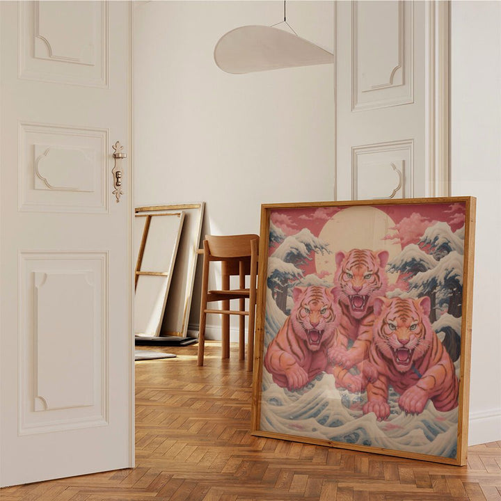 Pink Tigers And Waves Wall Art Poster