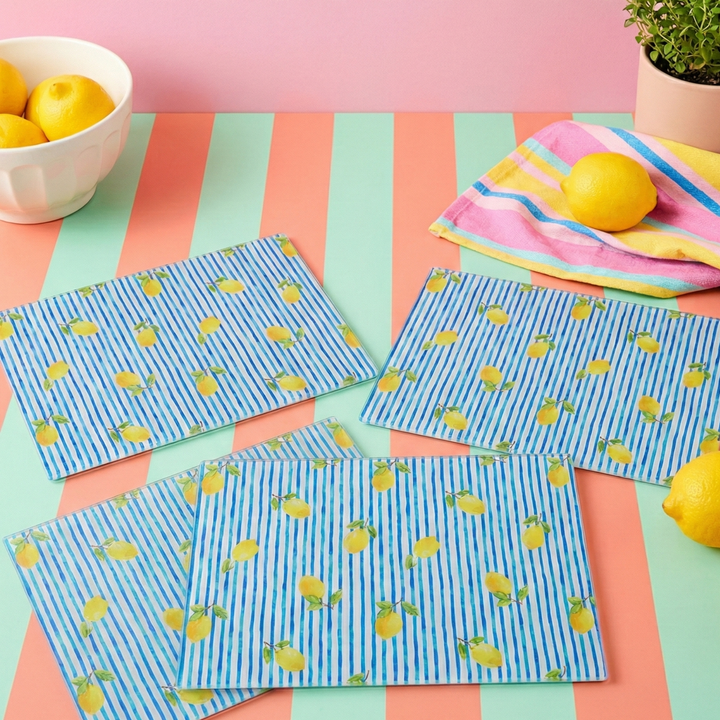 Blue Stripe Lemons Glass Placemats