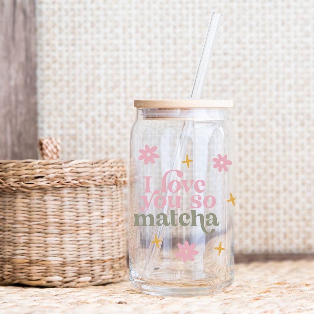 I Love You So Matcha Glass Beer Can Bamboo Lid Glass Straw 16oz - Yililo
