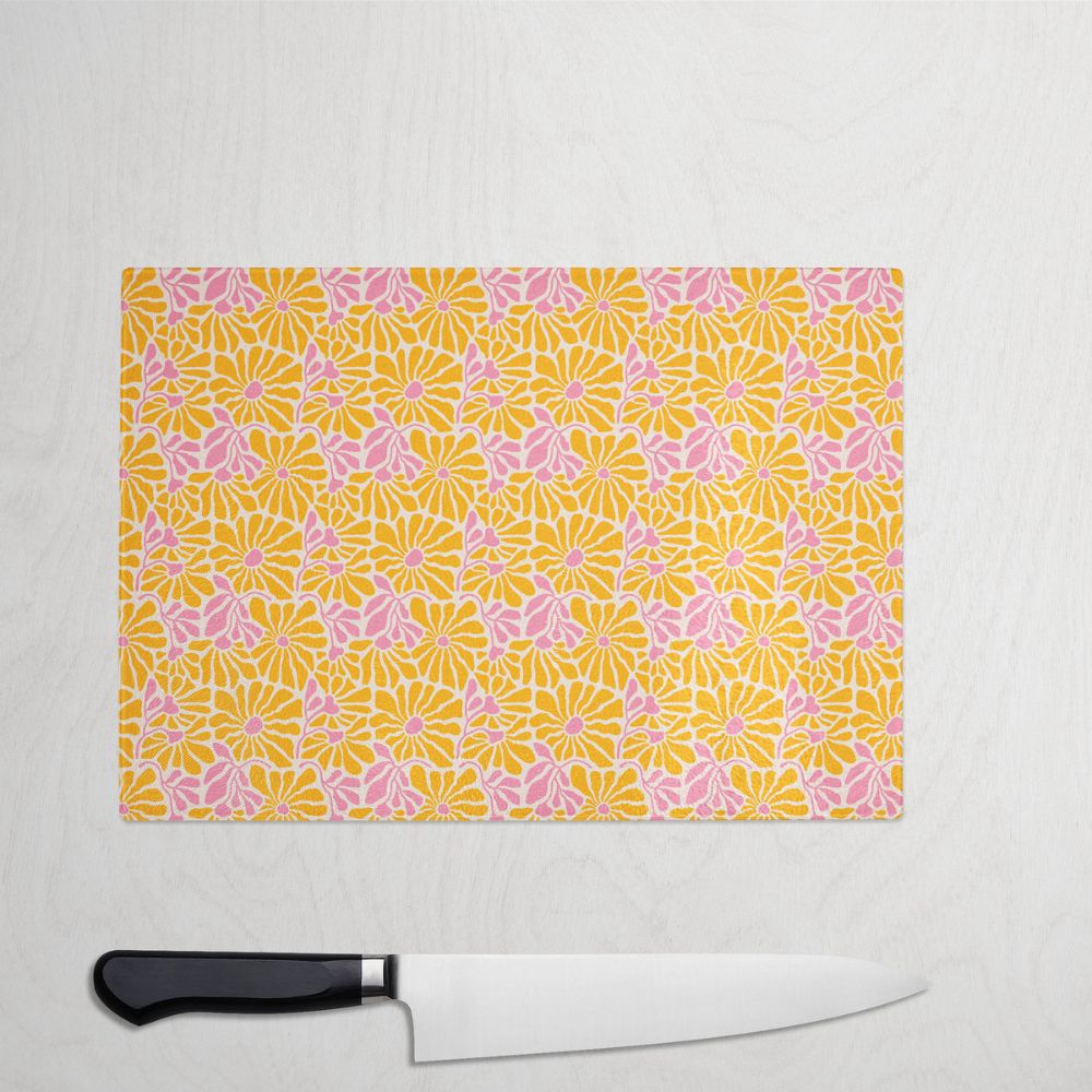 Pink Yellow Flower Glass Chopping Board