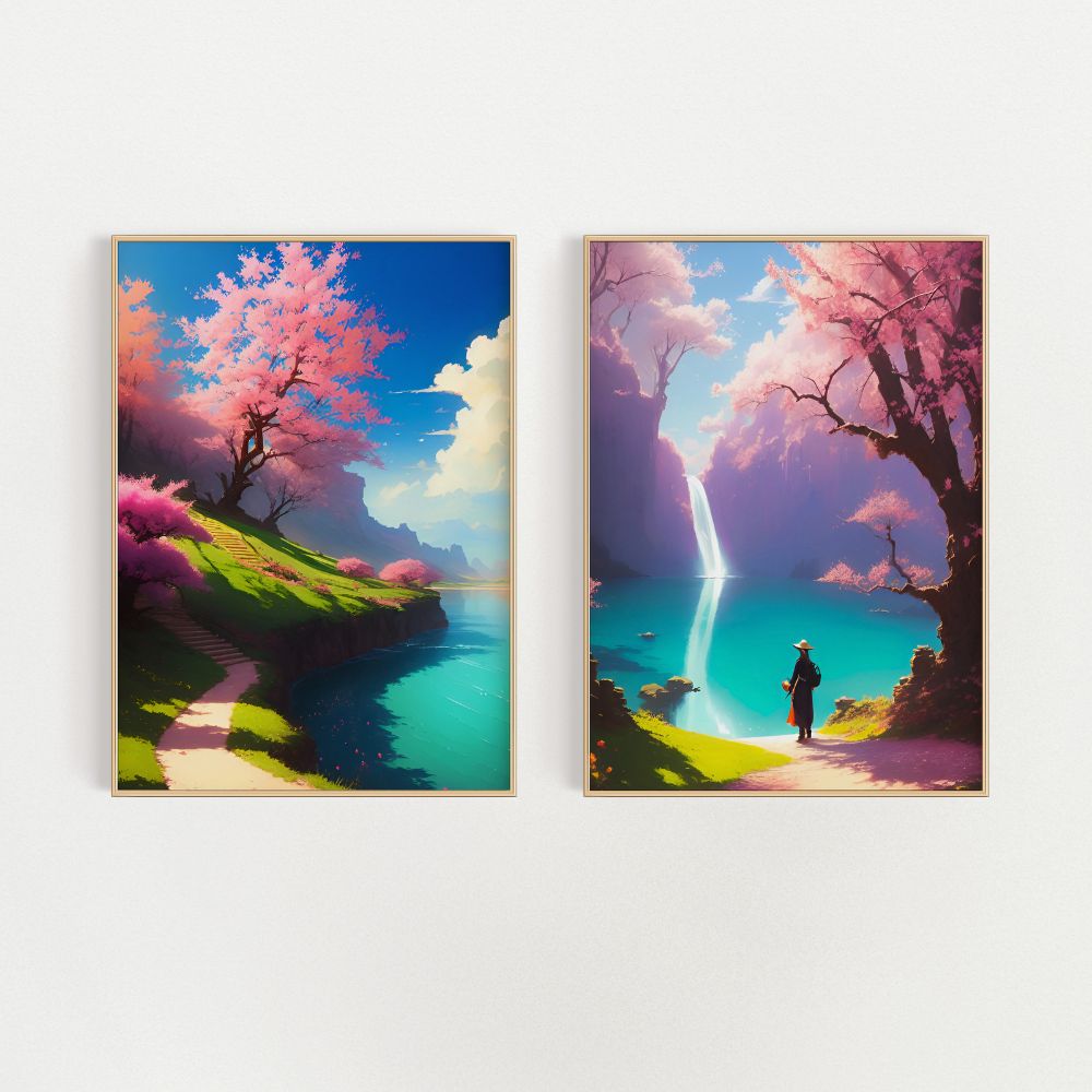Pink Blossom Trees By The River Wall Art Poster