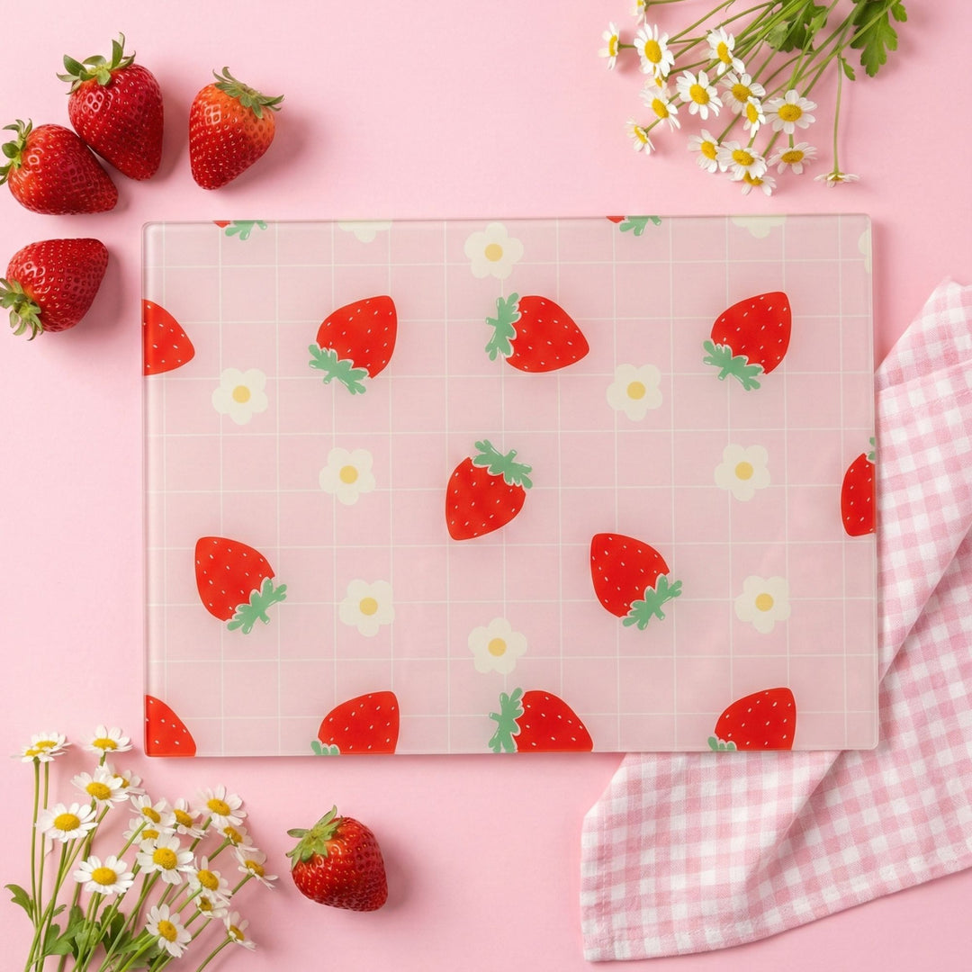 Strawberry Check Glass Chopping Board Worktop Saver