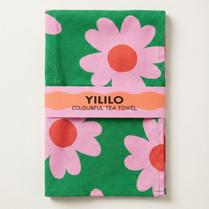 Green Pink Flower Cotton Tea Towel