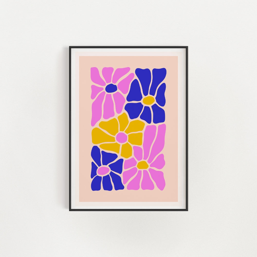 Pink Blue Bold Colourful Flowers Wall Art Poster