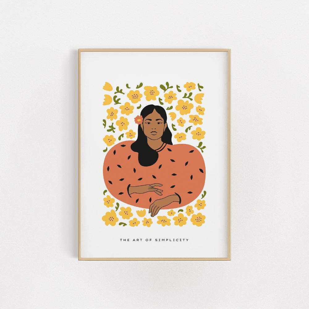 Wandkunst-Poster mit gelben Blumen und orangefarbenem Pullover