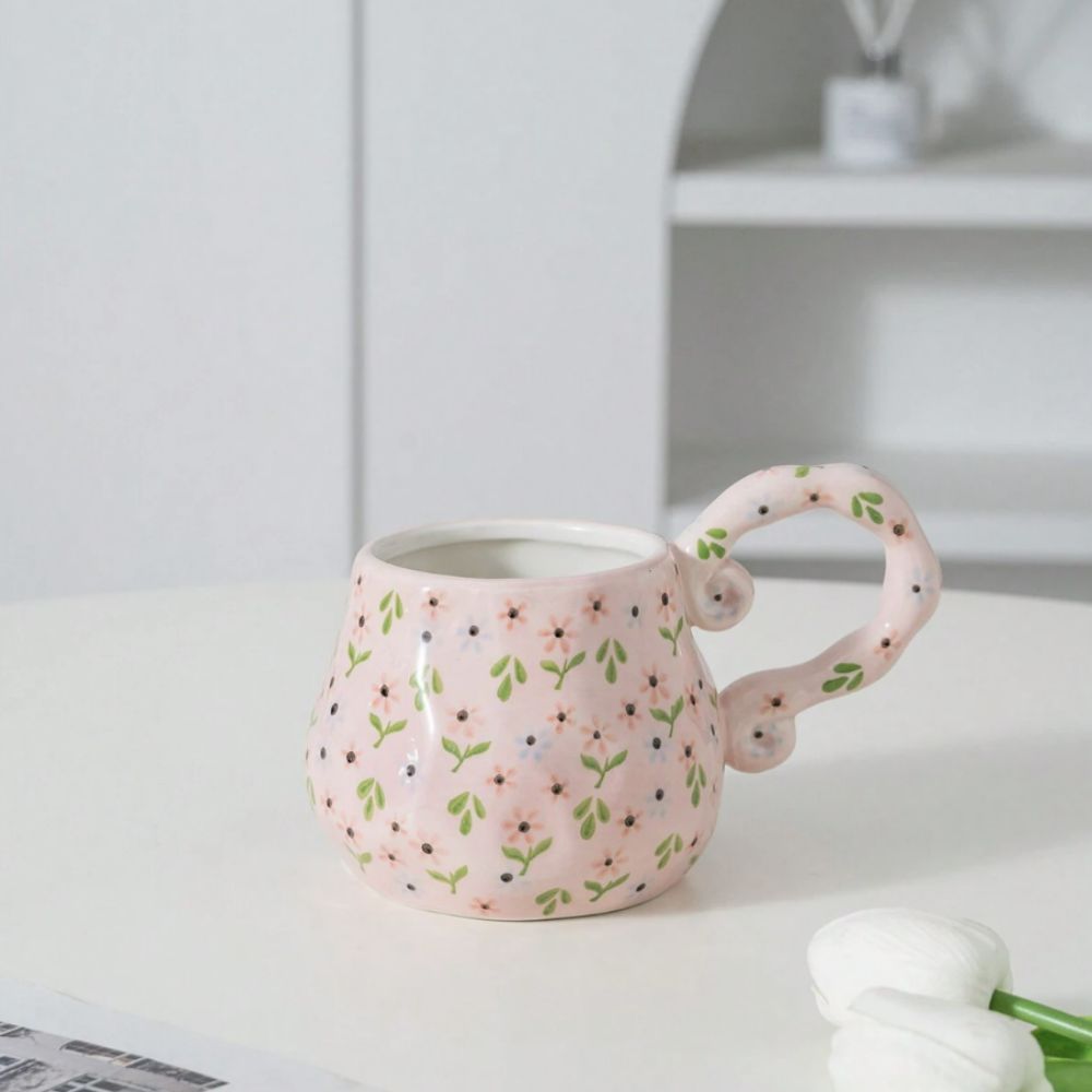 Pink White Scroll Rustic Handle Floral Flower Mug - Yililo