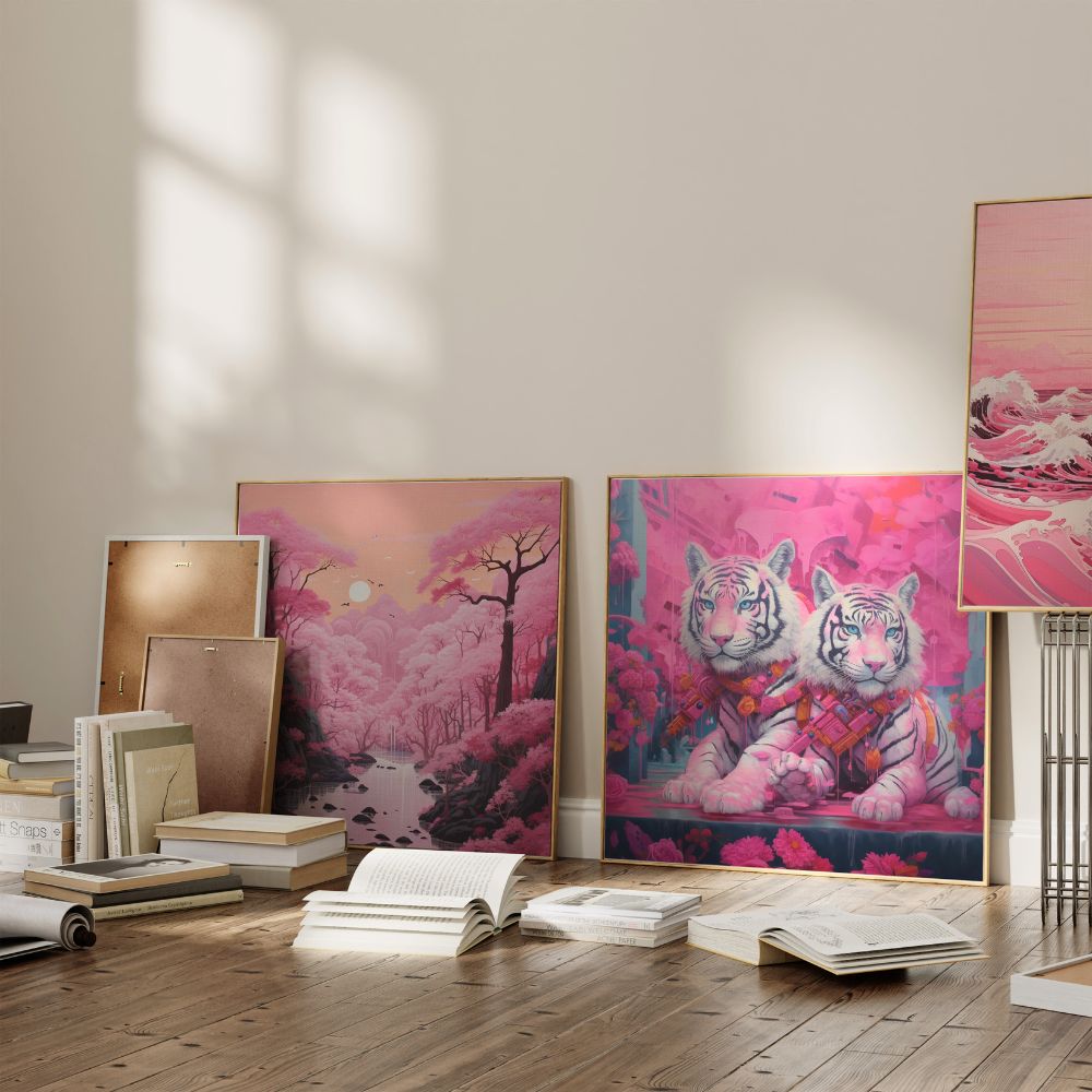 Bright Pink Tiger Japanese Style Wall  - Lifestyle imageArt Poster