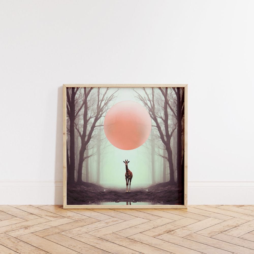 Giraffe And The Peach Balloon Abstract Wall Art Poster - Yililo