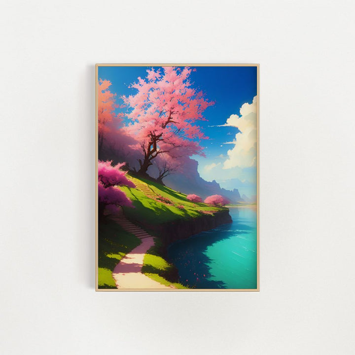 Pink Blossom Trees By The River Wall Art Poster