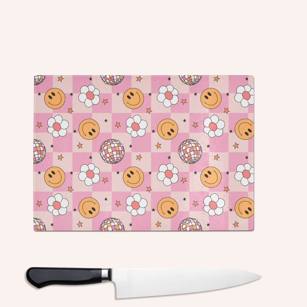Pink Smiley Disco Glass Chopping Board - Sale