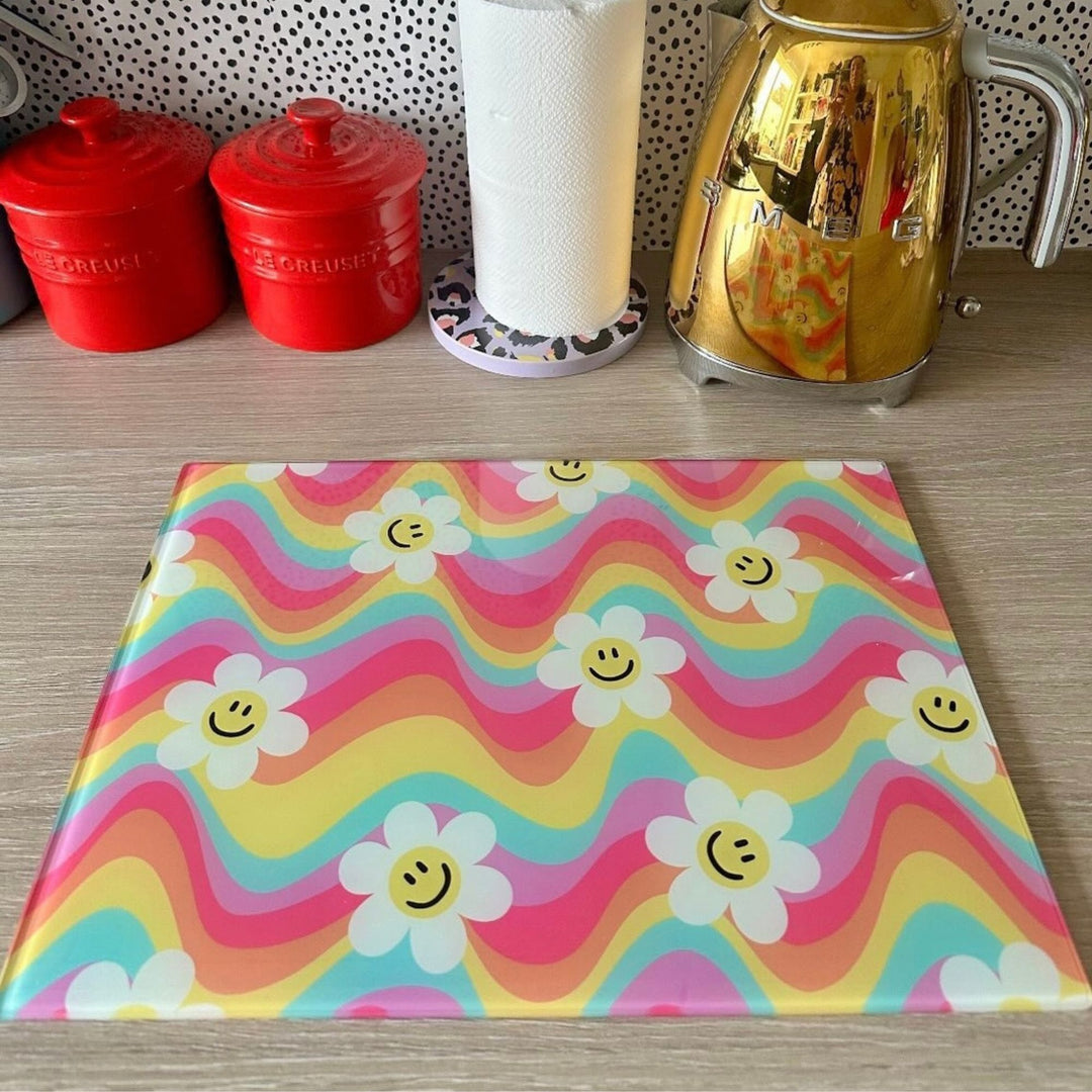 Rainbow Wave Flower Smiley Glass Chopping Board