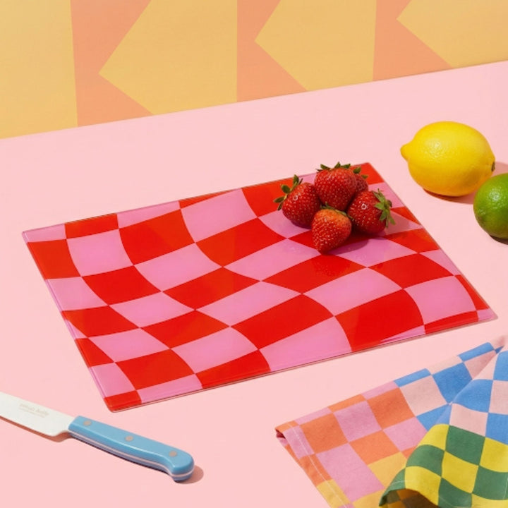 Pink Red 90s Wavy Check Glass Chopping Board