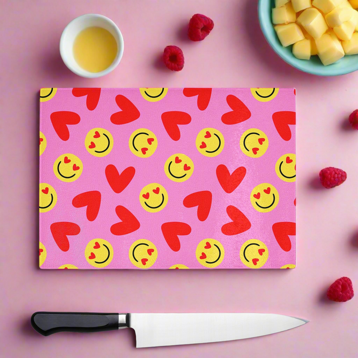 90s Pink Heart And Smiley Glass Chopping Board