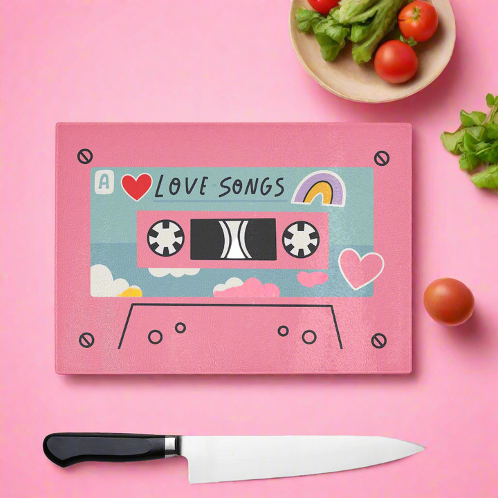 Pink Love Songs Cassette Tape Glass Chopping Board