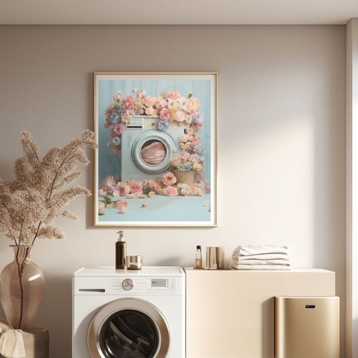 Vintage Washing Machine And Flowers Wall Art Print