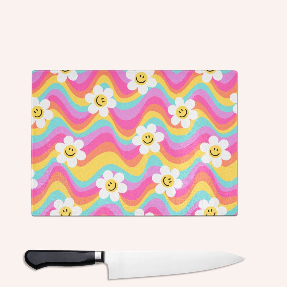 Rainbow Wave Flower Smiley Colourful Glass Chopping Board