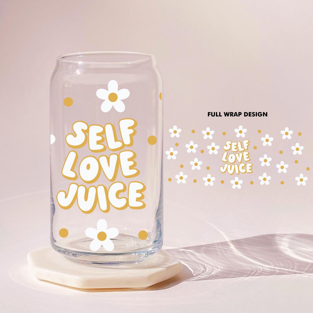 Self Love Juice Glass Beer Can Bamboo Lid Glass Straw 16oz - Yililo