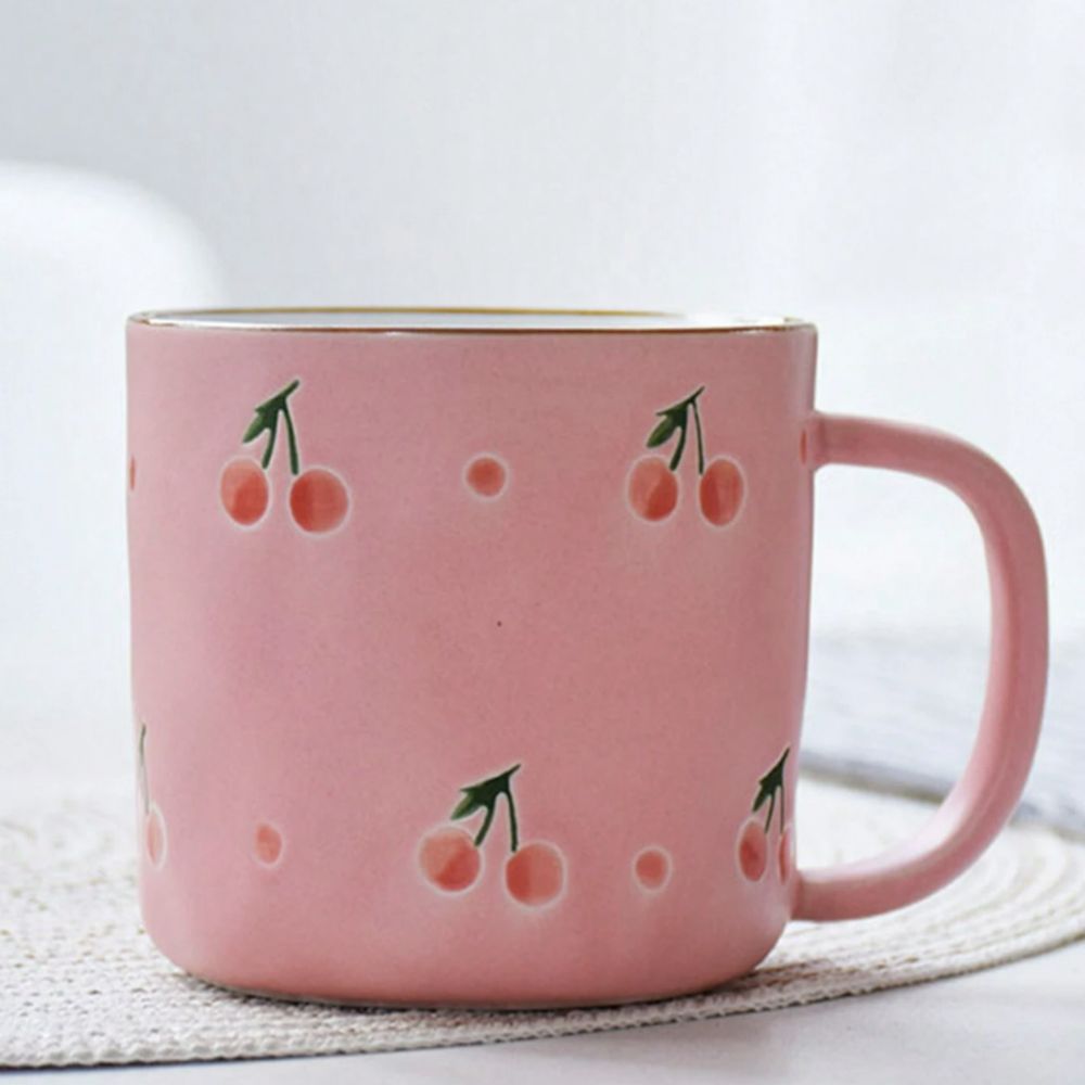 Pink White Rustic Mug With Cherry Pattern - Yililo