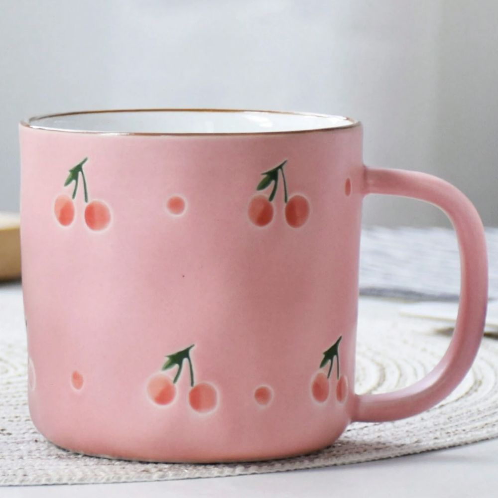 Pink White Rustic Mug With Cherry Pattern - Yililo