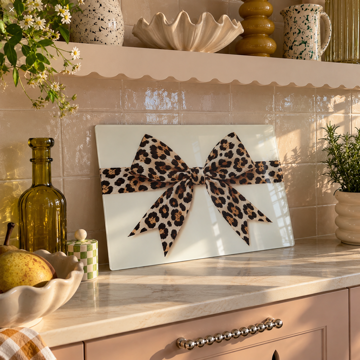 Leopard Bow Christmas Glass Chopping Board