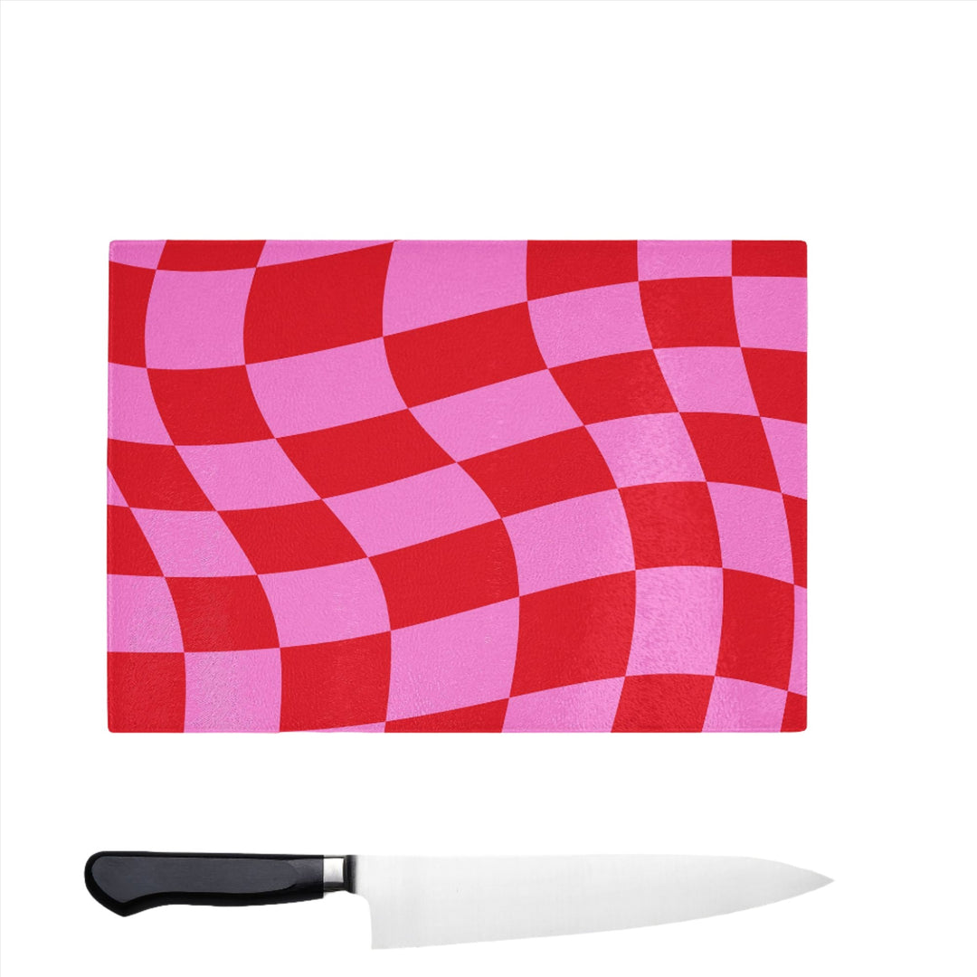 Pink Red 90s Wavy Check Glass Chopping Board - Yililo