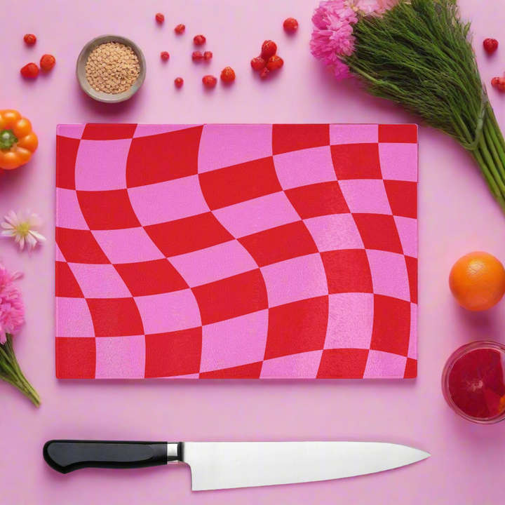 Pink Red 90s Wavy Check Glass Chopping Board