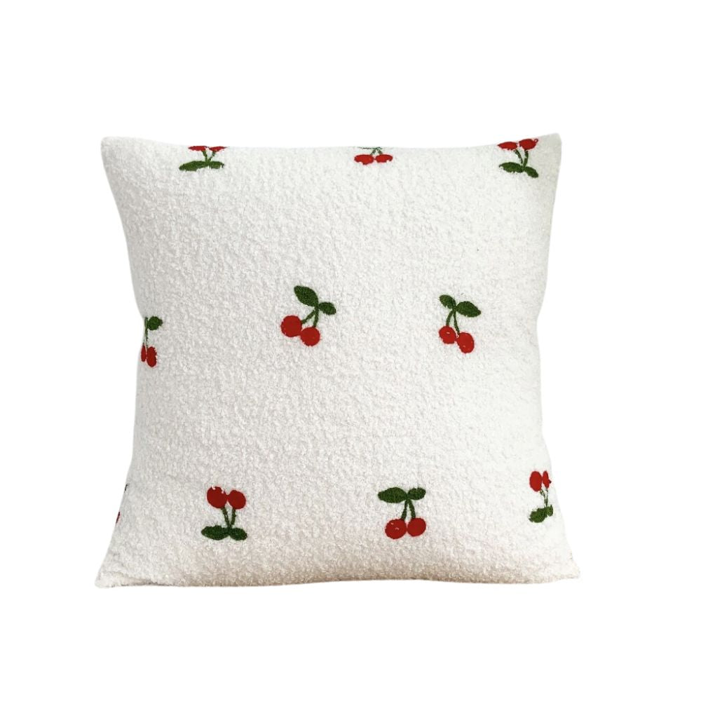 Fluffy Cherry Print White Cushion Cover 50cm